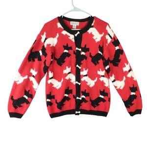 Vintage Belle Pointe Knit Sweater Cardigan Holiday Women Size S Dog Puppy Red
